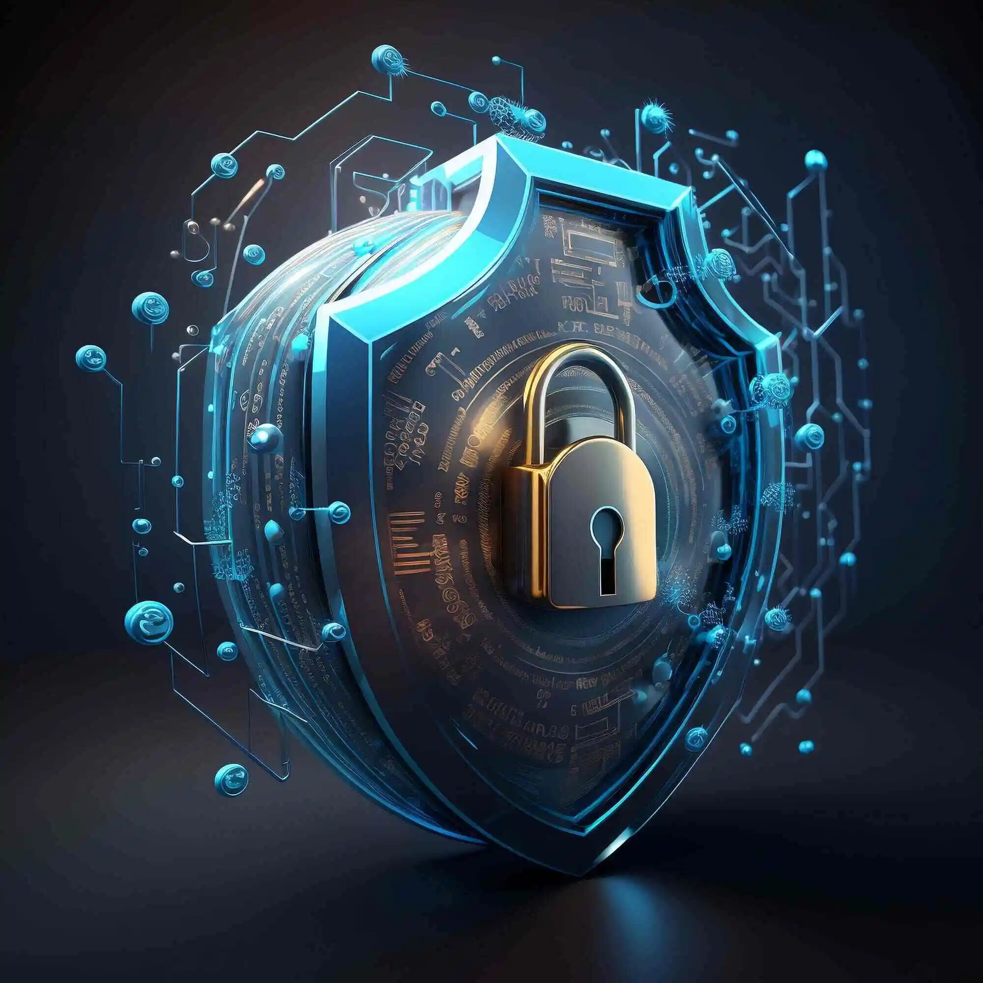 Escudo digital tridimensional com um cadeado dourado simbolizando segurança cibernética e proteção de dados